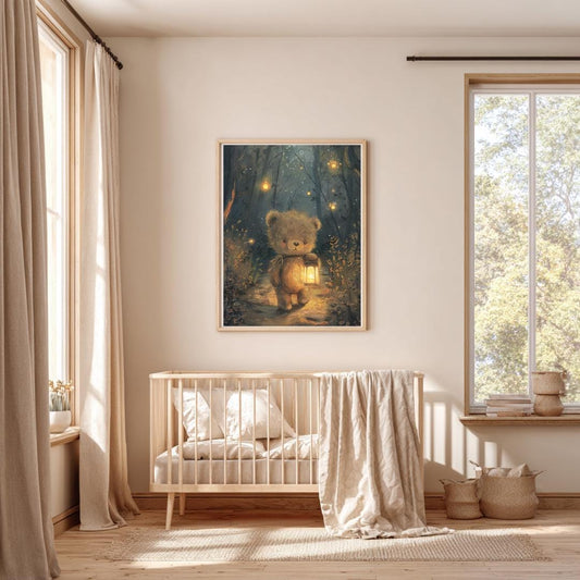 A Cute bear taking a stroll at night Wall art | Whimsical Illustration | Playful Baby Room Poster | Nursery Decor |