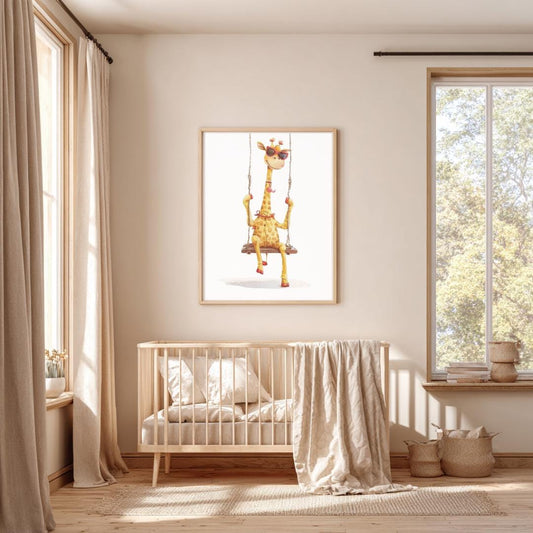 Retro Swing Giraffe Wall Art | Yellow and Red | Kids Room | Playful Fun Cool Animal | Children’s Decor