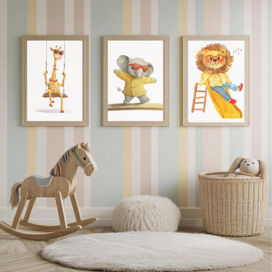 Retro playground Animals Wall Art | Yellow and Red | Kids Room | Playful Fun Cool Animal | Children’s Decor