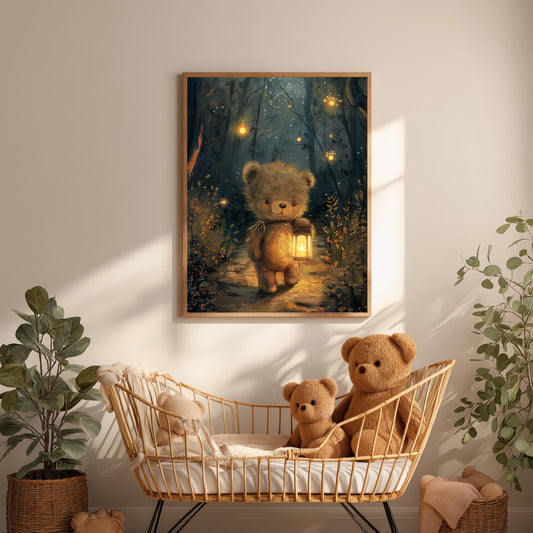 A Cute bear taking a stroll at night Wall art | Whimsical Illustration | Playful Baby Room Poster | Nursery Decor |
