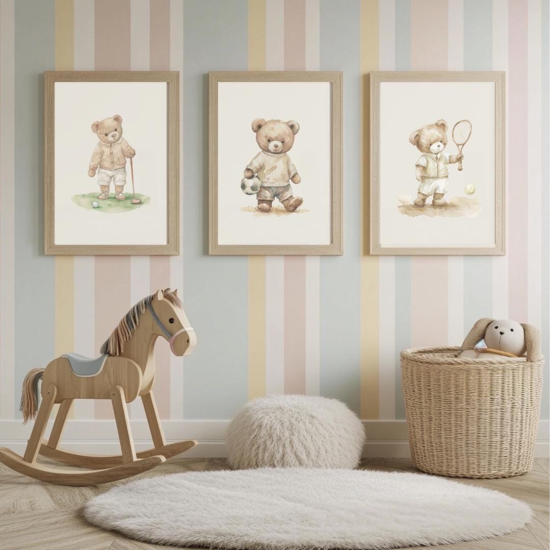 Sport nursery set of 3 | Vintage boy nursery | Boy nursery wall art sport | Teddy Bear Nursery | Golf | Football | Tennis