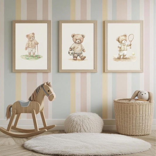 Sport nursery set of 3 | Vintage boy nursery | Boy nursery wall art sport | Teddy Bear Nursery | Golf | Football | Tennis