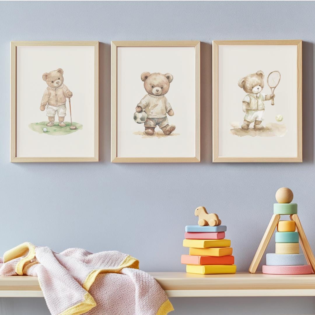 Sport nursery set of 3 | Vintage boy nursery | Boy nursery wall art sport | Teddy Bear Nursery | Golf | Football | Tennis