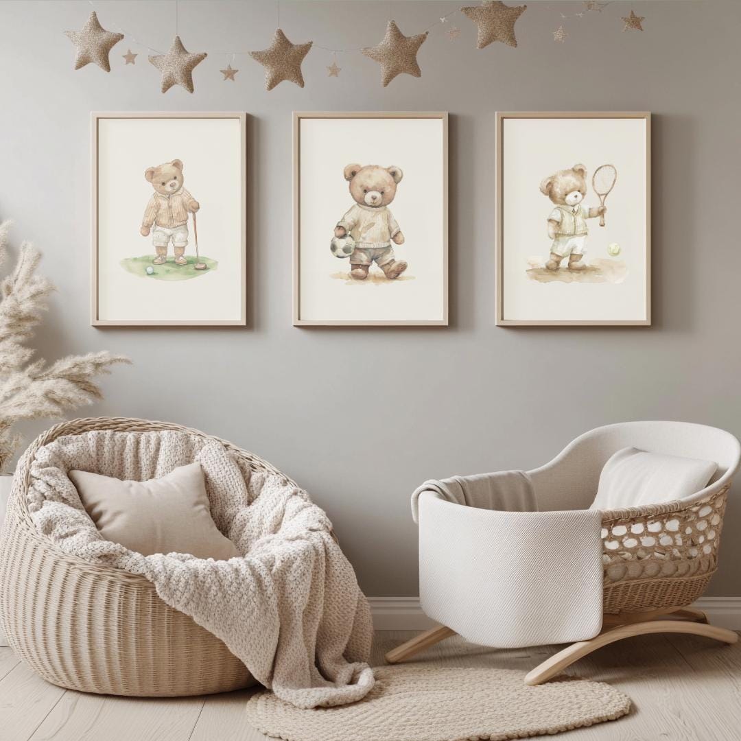 Sport nursery set of 3 | Vintage boy nursery | Boy nursery wall art sport | Teddy Bear Nursery | Golf | Football | Tennis