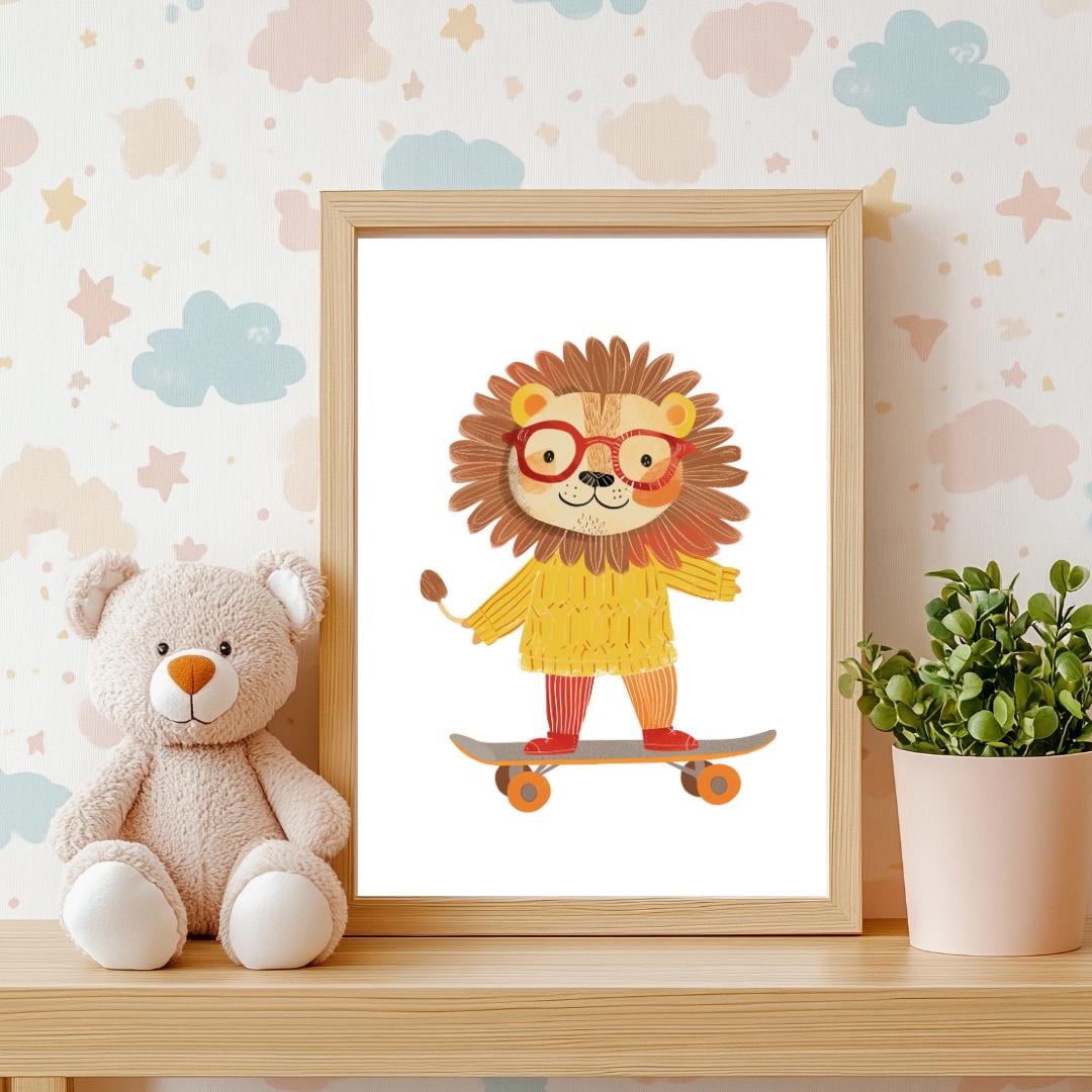 Retro Skateboarding Lion Wall Art | Yellow and Red | Kids Room | Playful Fun Cool Animal | Children’s Decor