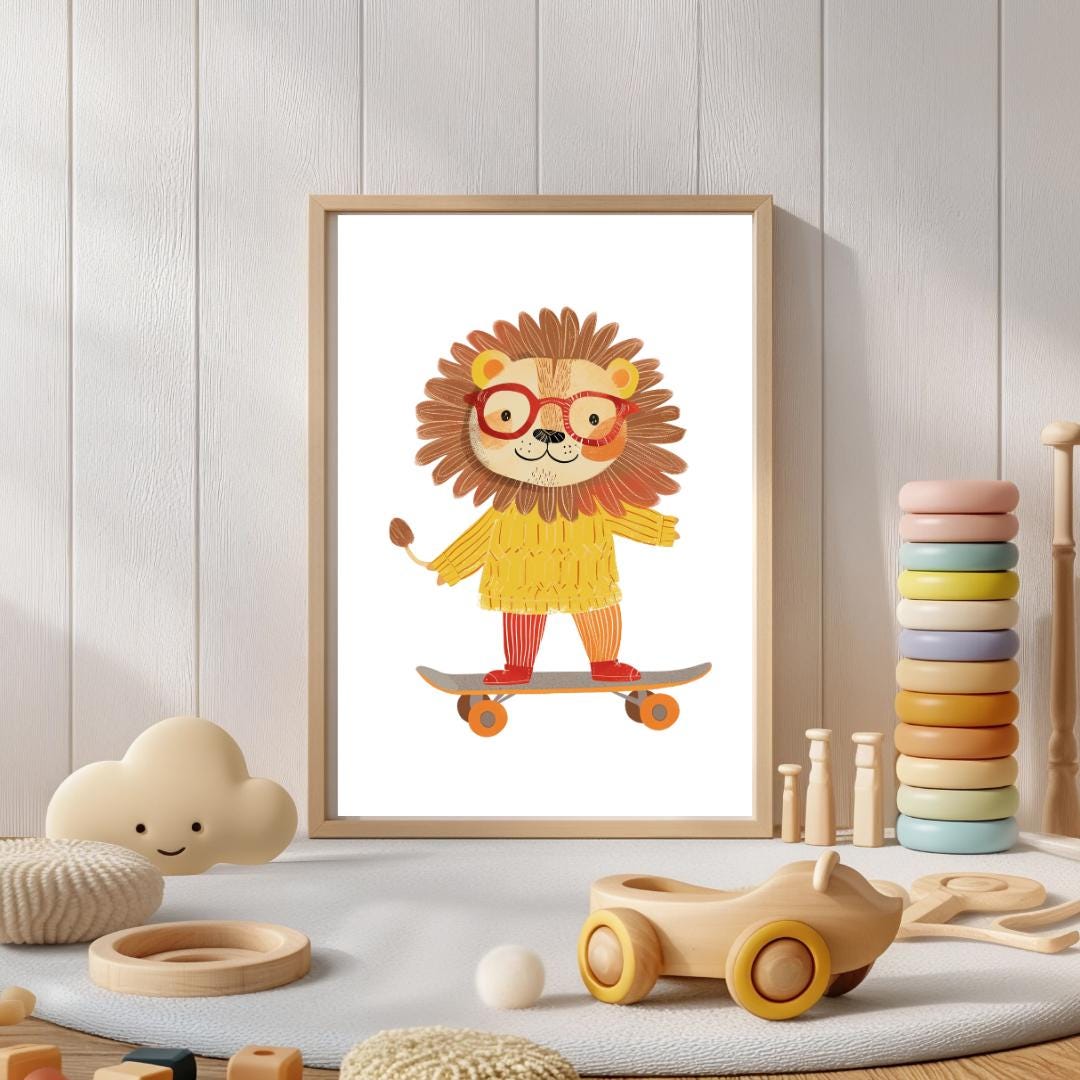 Retro Skateboarding Lion Wall Art | Yellow and Red | Kids Room | Playful Fun Cool Animal | Children’s Decor