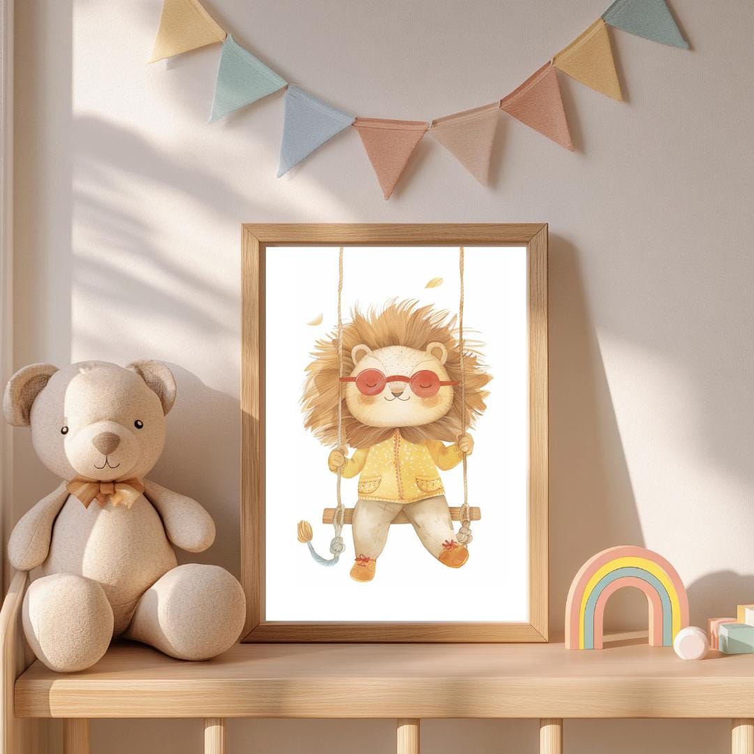 Retro Swing Lion Wall Art | Yellow and Red | Kids Room | Playful Fun Cool Animal | Children’s Decor