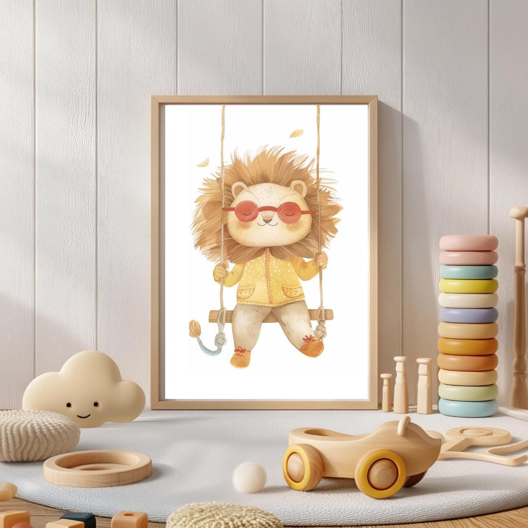 Retro Swing Lion Wall Art | Yellow and Red | Kids Room | Playful Fun Cool Animal | Children’s Decor
