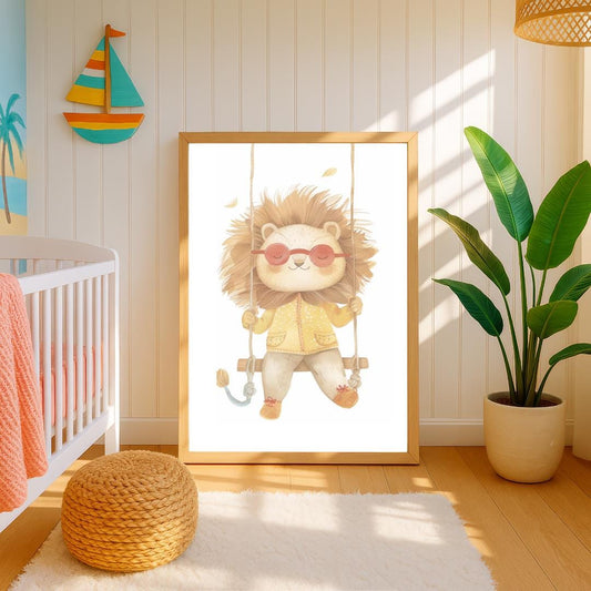 Retro Swing Lion Wall Art | Yellow and Red | Kids Room | Playful Fun Cool Animal | Children’s Decor