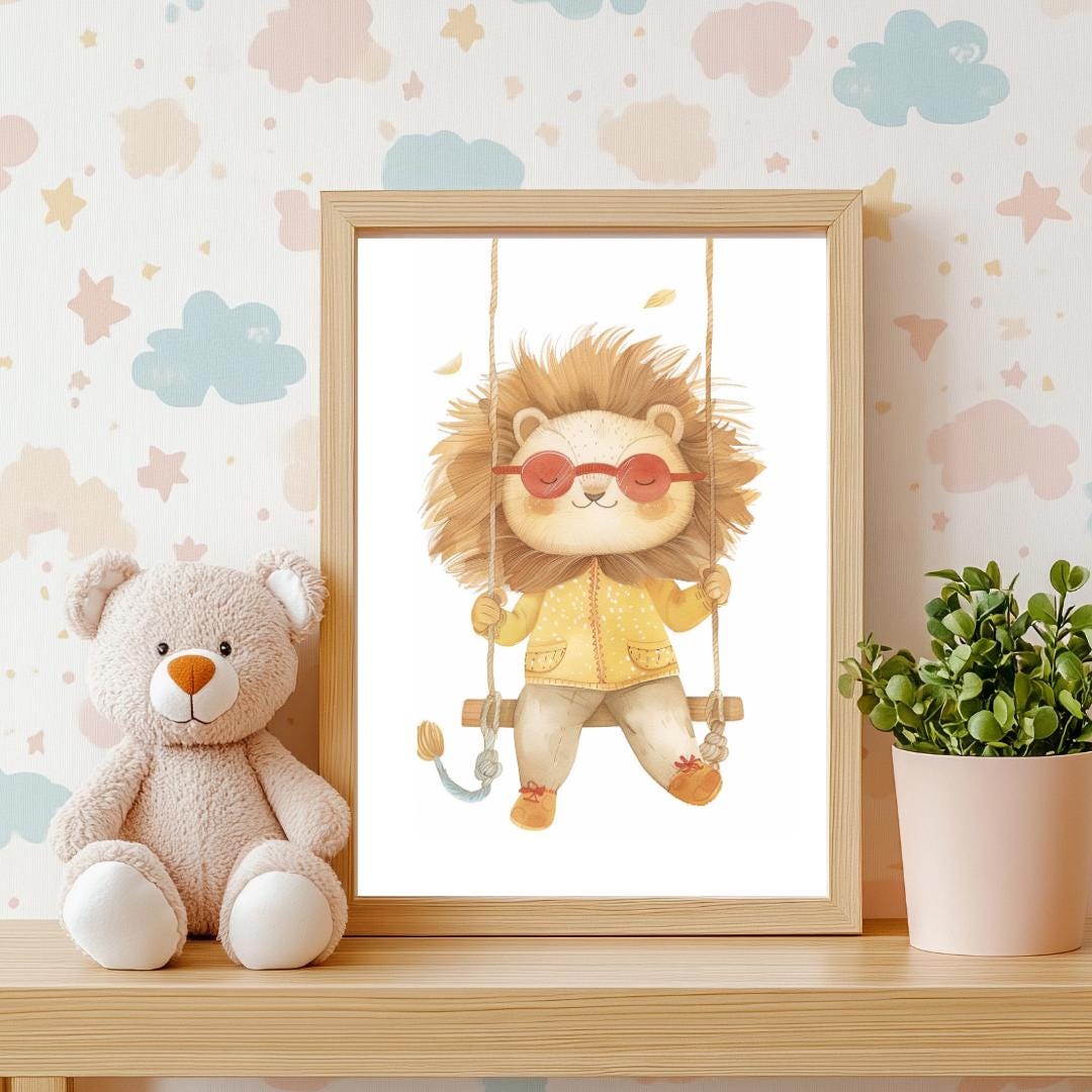 Retro Swing Lion Wall Art | Yellow and Red | Kids Room | Playful Fun Cool Animal | Children’s Decor