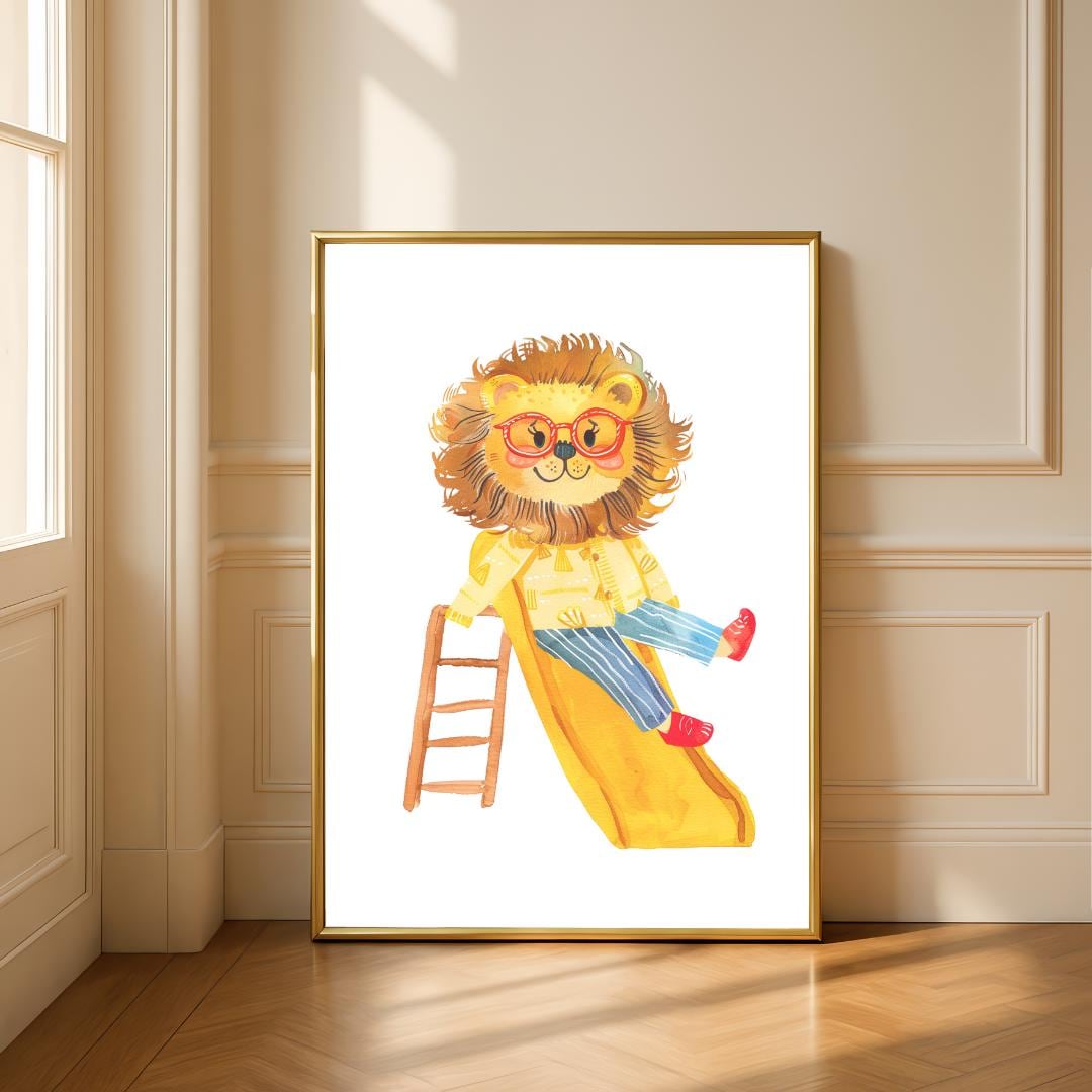 Retro Slide Lion Wall Art | Yellow and Red | Kids Room | Playful Fun Cool Animal | Children’s Decor