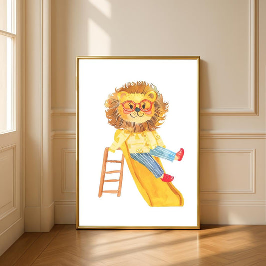 Retro Slide Lion Wall Art | Yellow and Red | Kids Room | Playful Fun Cool Animal | Children’s Decor