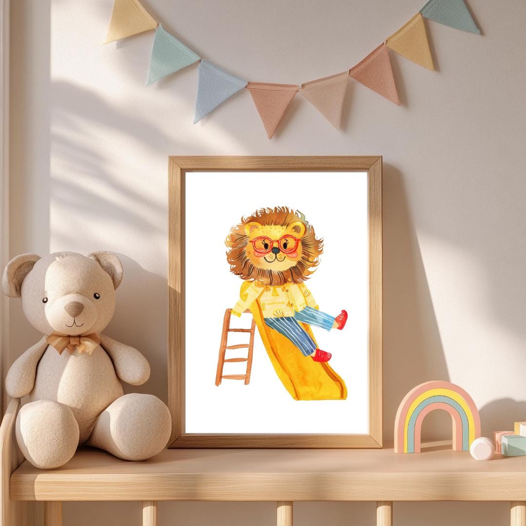 Retro Slide Lion Wall Art | Yellow and Red | Kids Room | Playful Fun Cool Animal | Children’s Decor