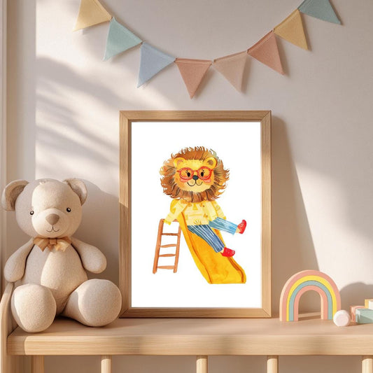 Retro Slide Lion Wall Art | Yellow and Red | Kids Room | Playful Fun Cool Animal | Children’s Decor