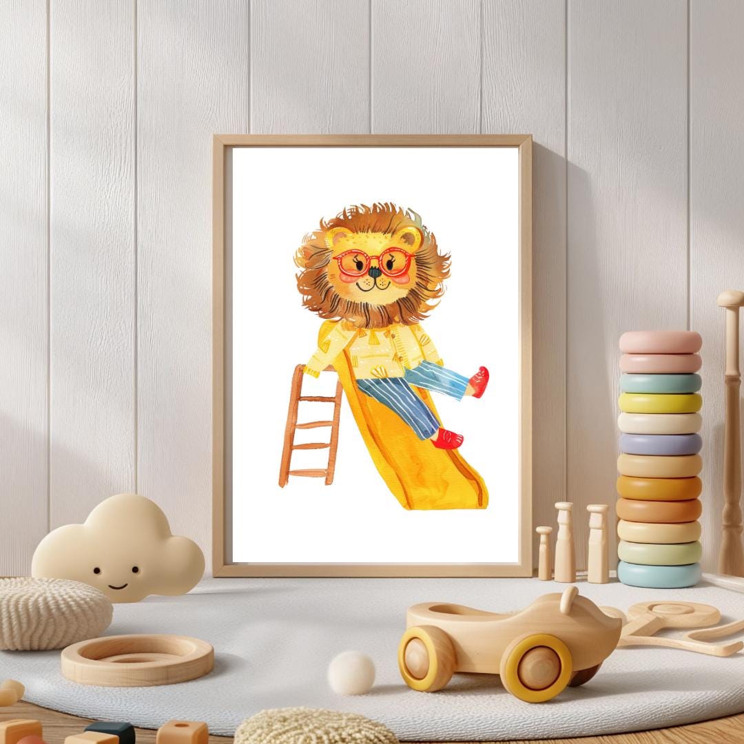 Retro Slide Lion Wall Art | Yellow and Red | Kids Room | Playful Fun Cool Animal | Children’s Decor