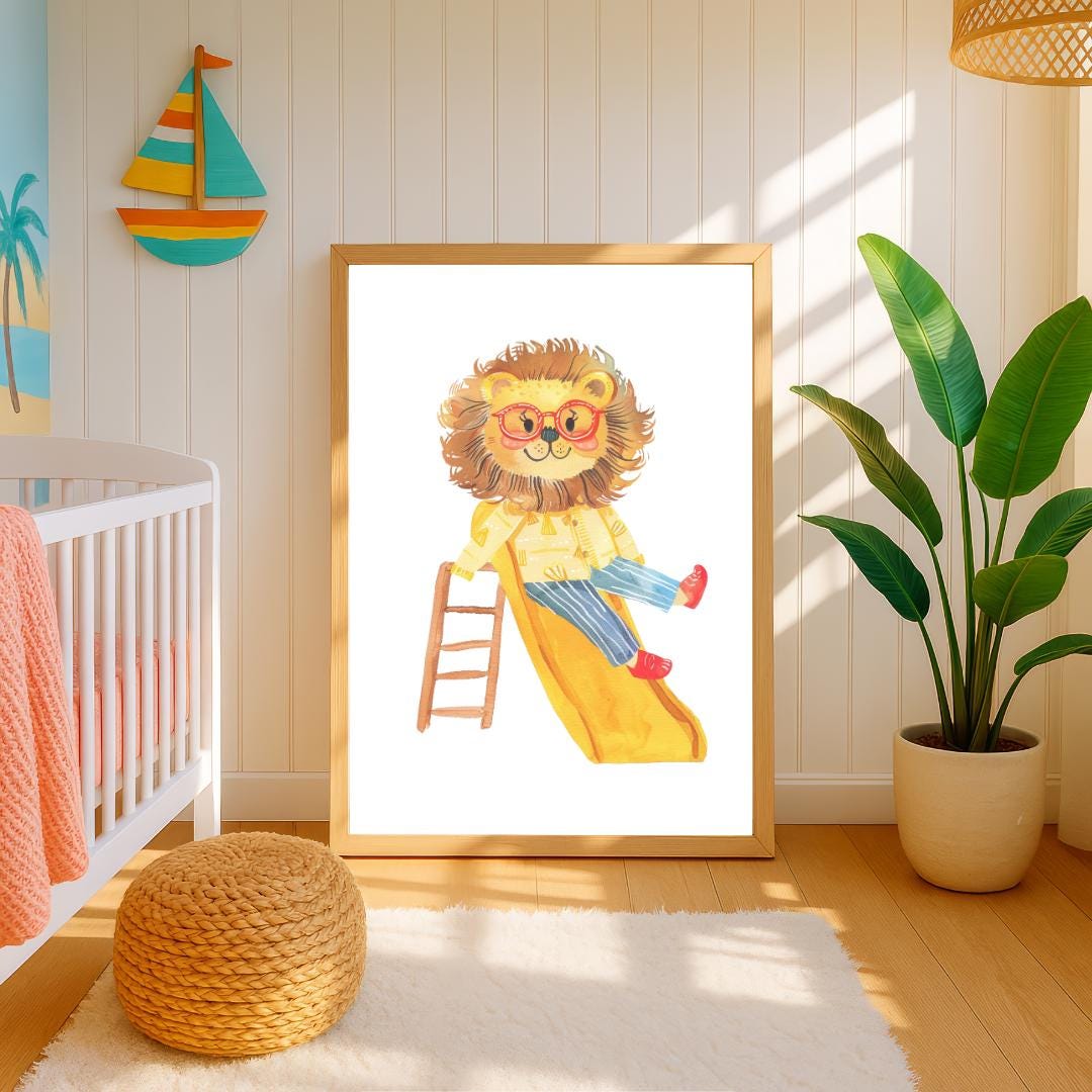 Retro Slide Lion Wall Art | Yellow and Red | Kids Room | Playful Fun Cool Animal | Children’s Decor