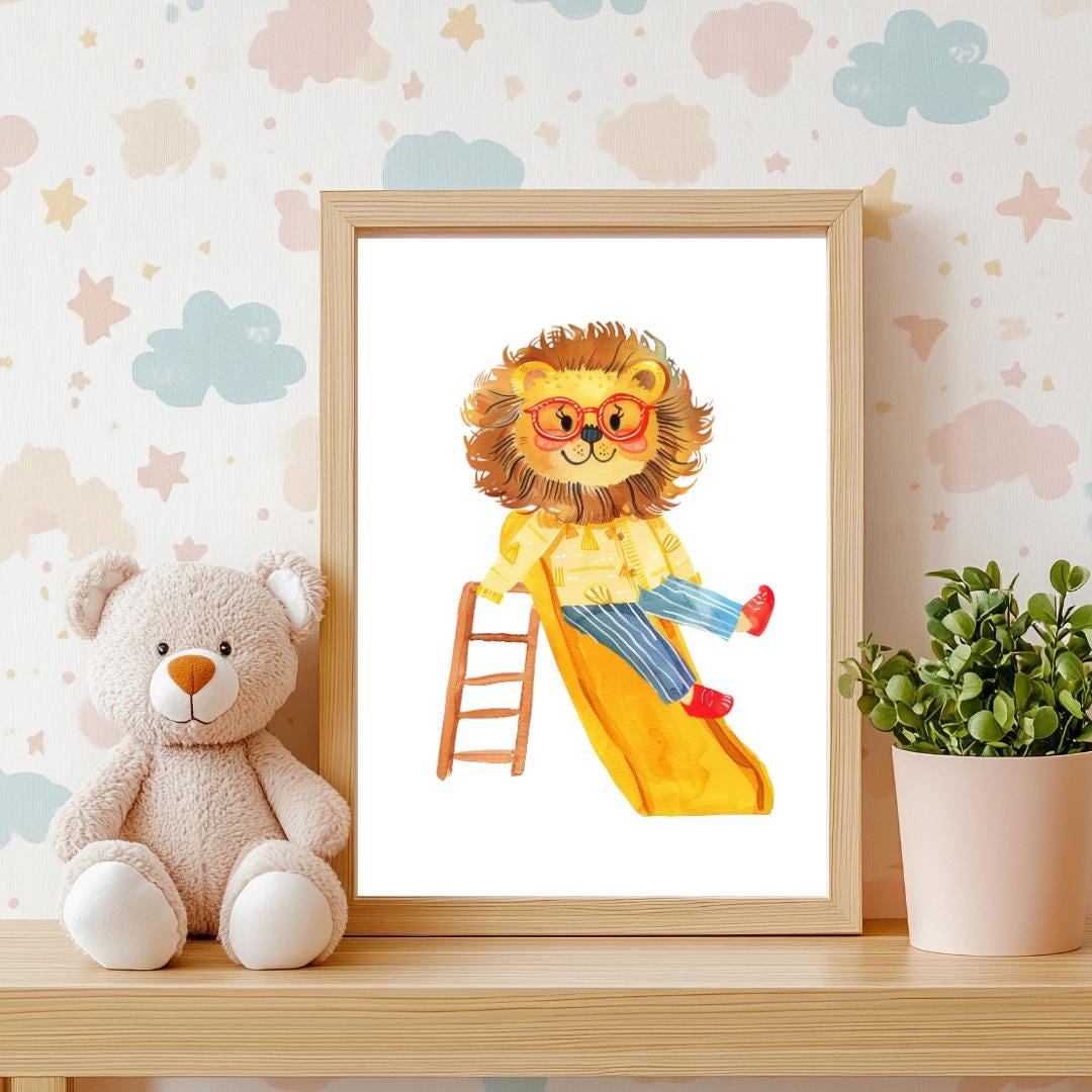 Retro Slide Lion Wall Art | Yellow and Red | Kids Room | Playful Fun Cool Animal | Children’s Decor