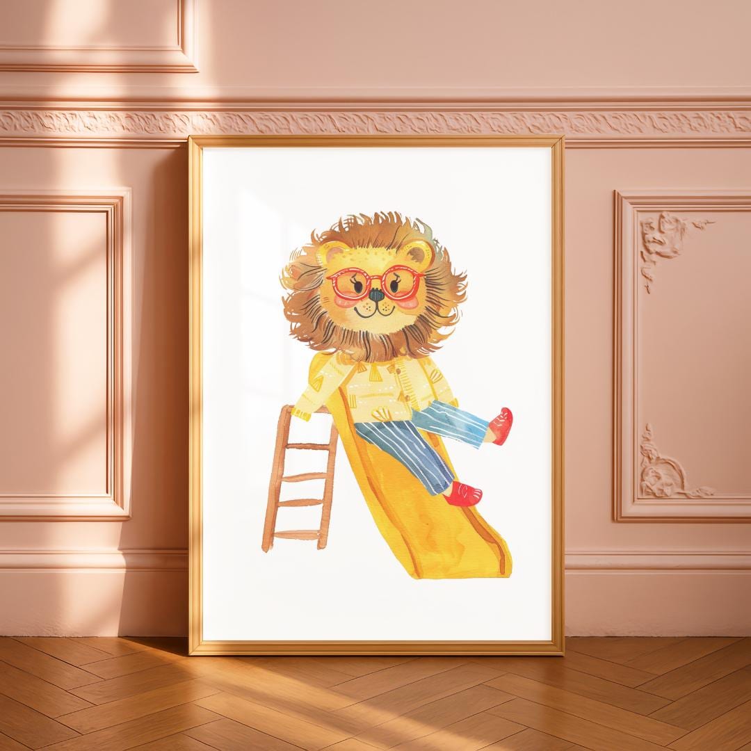 Retro Slide Lion Wall Art | Yellow and Red | Kids Room | Playful Fun Cool Animal | Children’s Decor