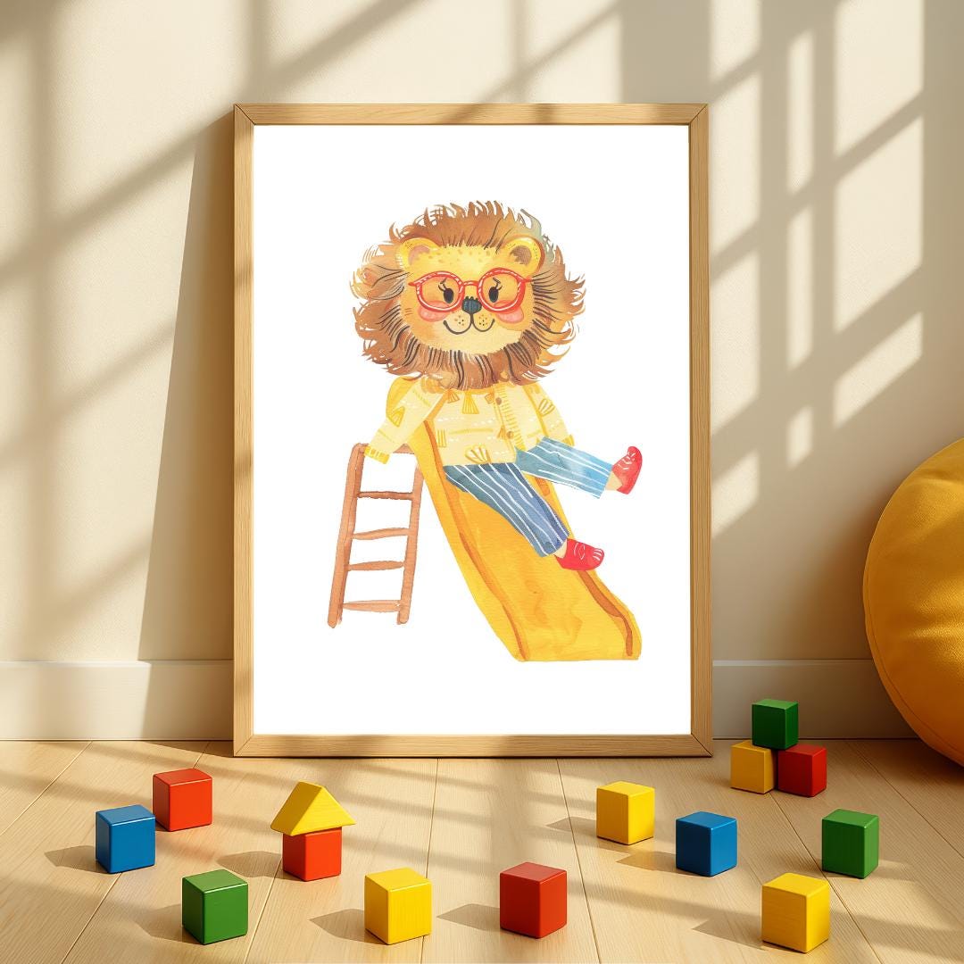 Retro Slide Lion Wall Art | Yellow and Red | Kids Room | Playful Fun Cool Animal | Children’s Decor
