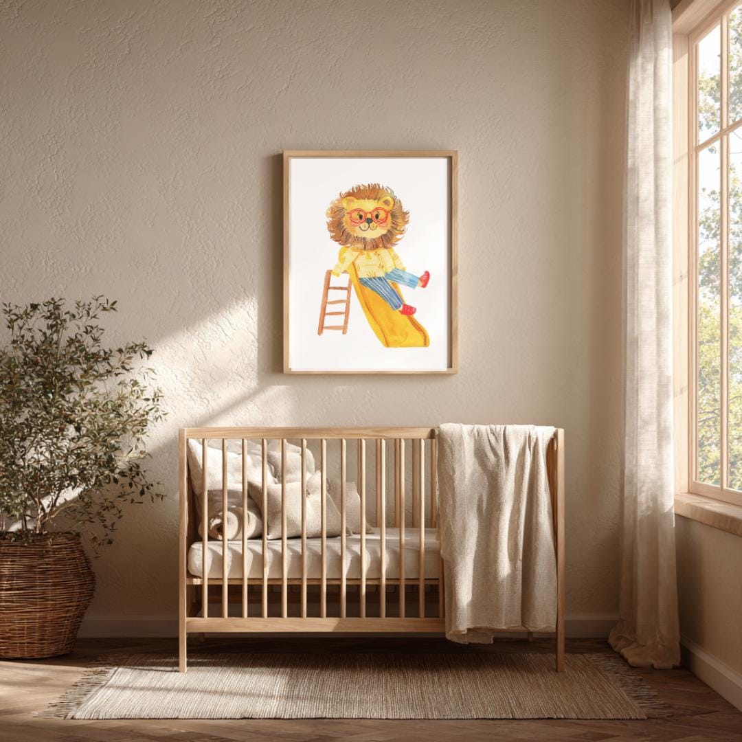 Retro Slide Lion Wall Art | Yellow and Red | Kids Room | Playful Fun Cool Animal | Children’s Decor