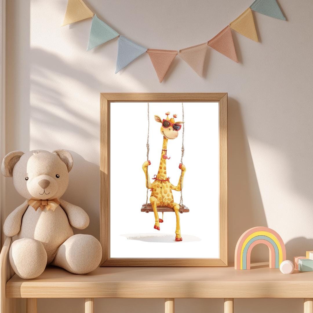 Retro Swing Giraffe Wall Art | Yellow and Red | Kids Room | Playful Fun Cool Animal | Children’s Decor