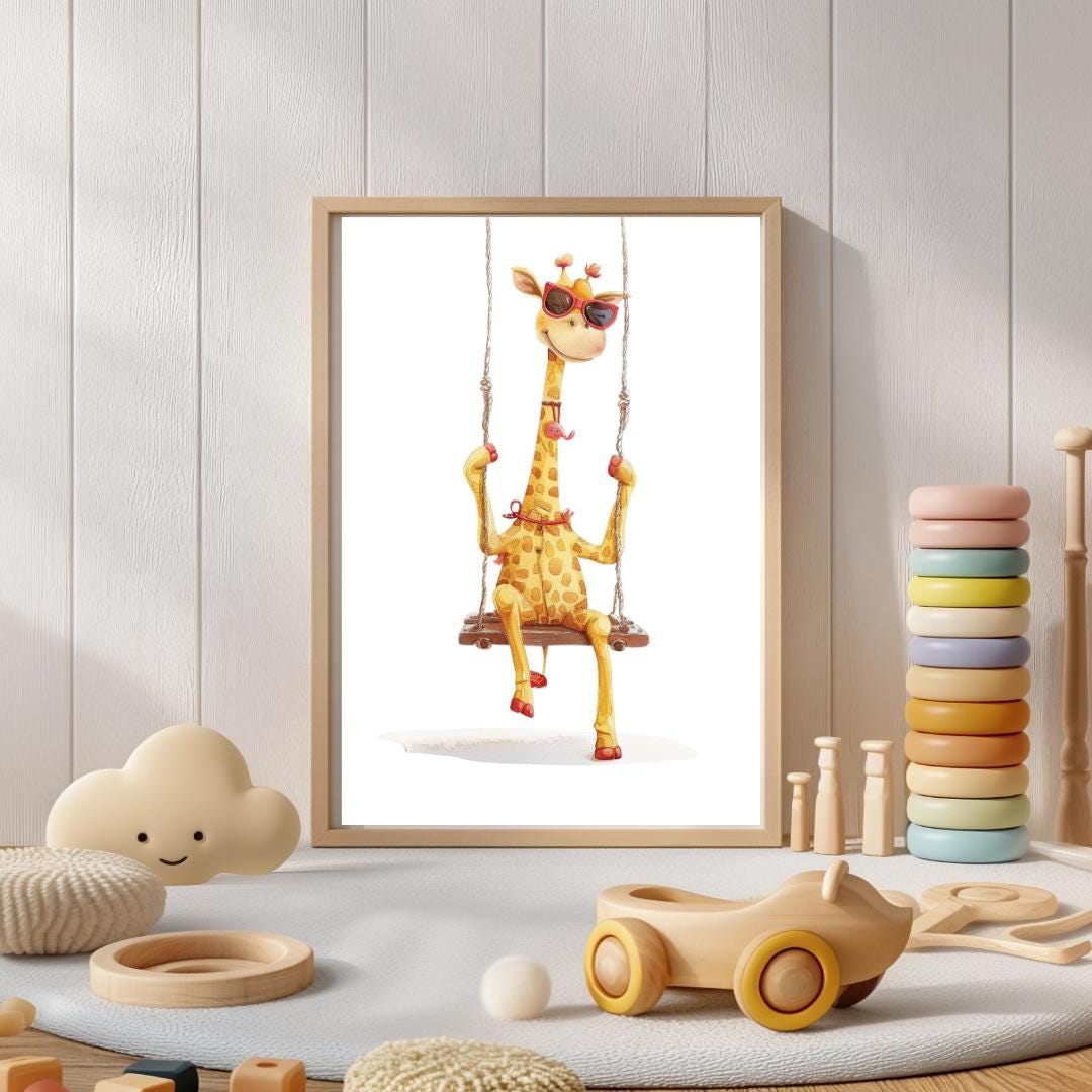 Retro Swing Giraffe Wall Art | Yellow and Red | Kids Room | Playful Fun Cool Animal | Children’s Decor