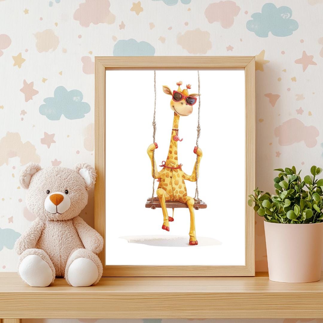 Retro Swing Giraffe Wall Art | Yellow and Red | Kids Room | Playful Fun Cool Animal | Children’s Decor