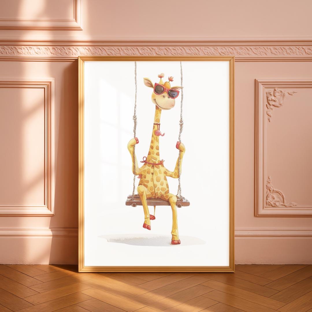 Retro Swing Giraffe Wall Art | Yellow and Red | Kids Room | Playful Fun Cool Animal | Children’s Decor