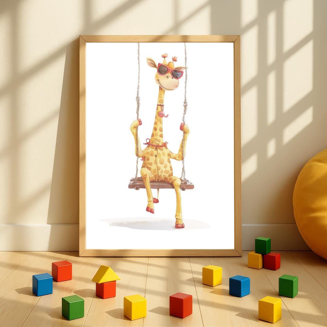 Retro Swing Giraffe Wall Art | Yellow and Red | Kids Room | Playful Fun Cool Animal | Children’s Decor