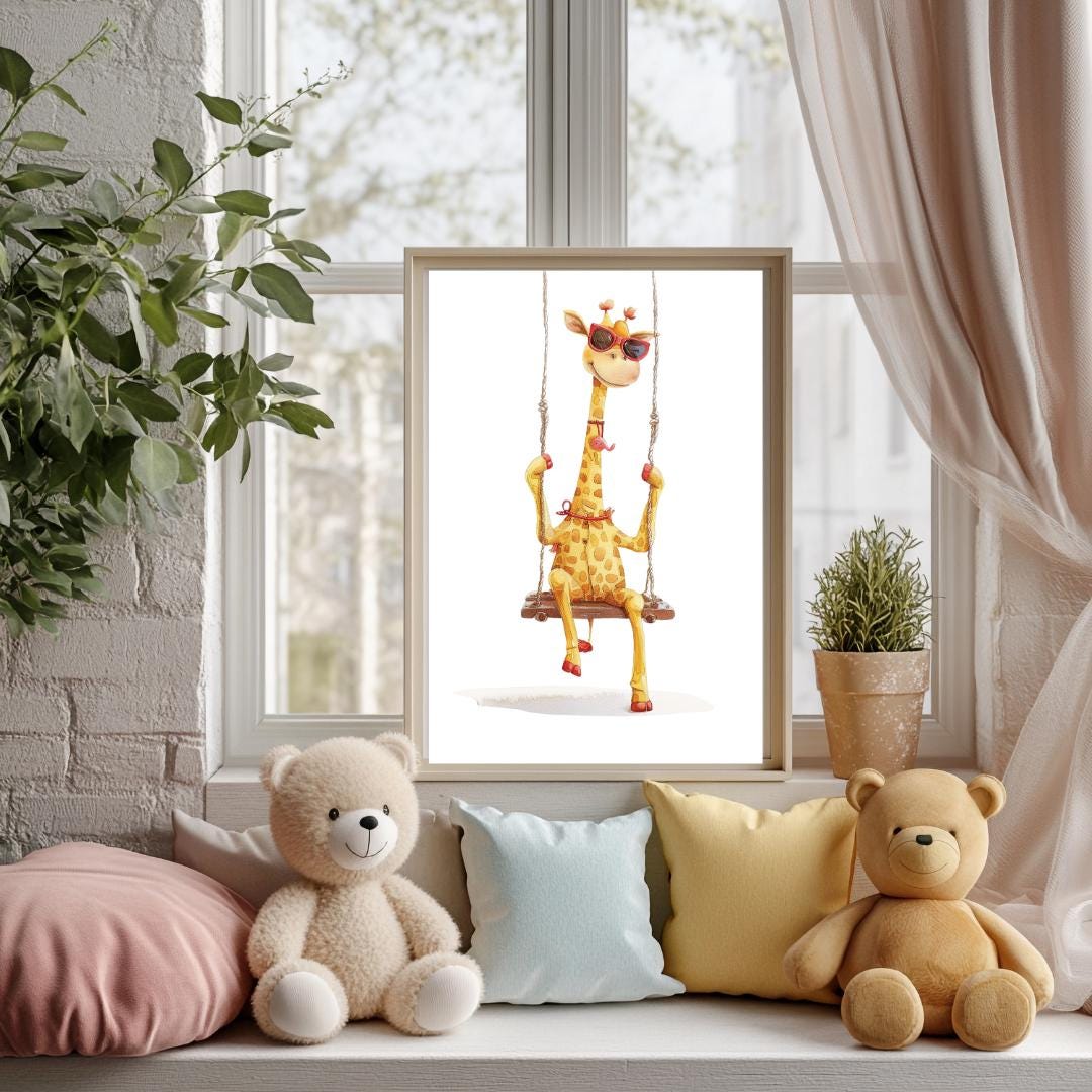 Retro Swing Giraffe Wall Art | Yellow and Red | Kids Room | Playful Fun Cool Animal | Children’s Decor