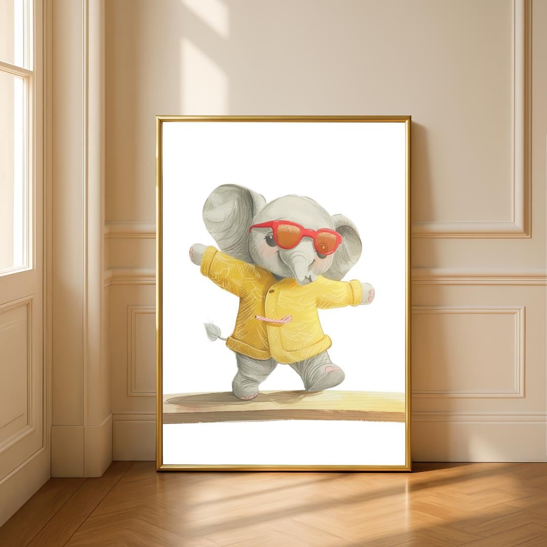 Retro Elephant Balance Beam Wall Art | Yellow and Red | Kids Room | Playful Fun Cool Animal | Children’s Decor