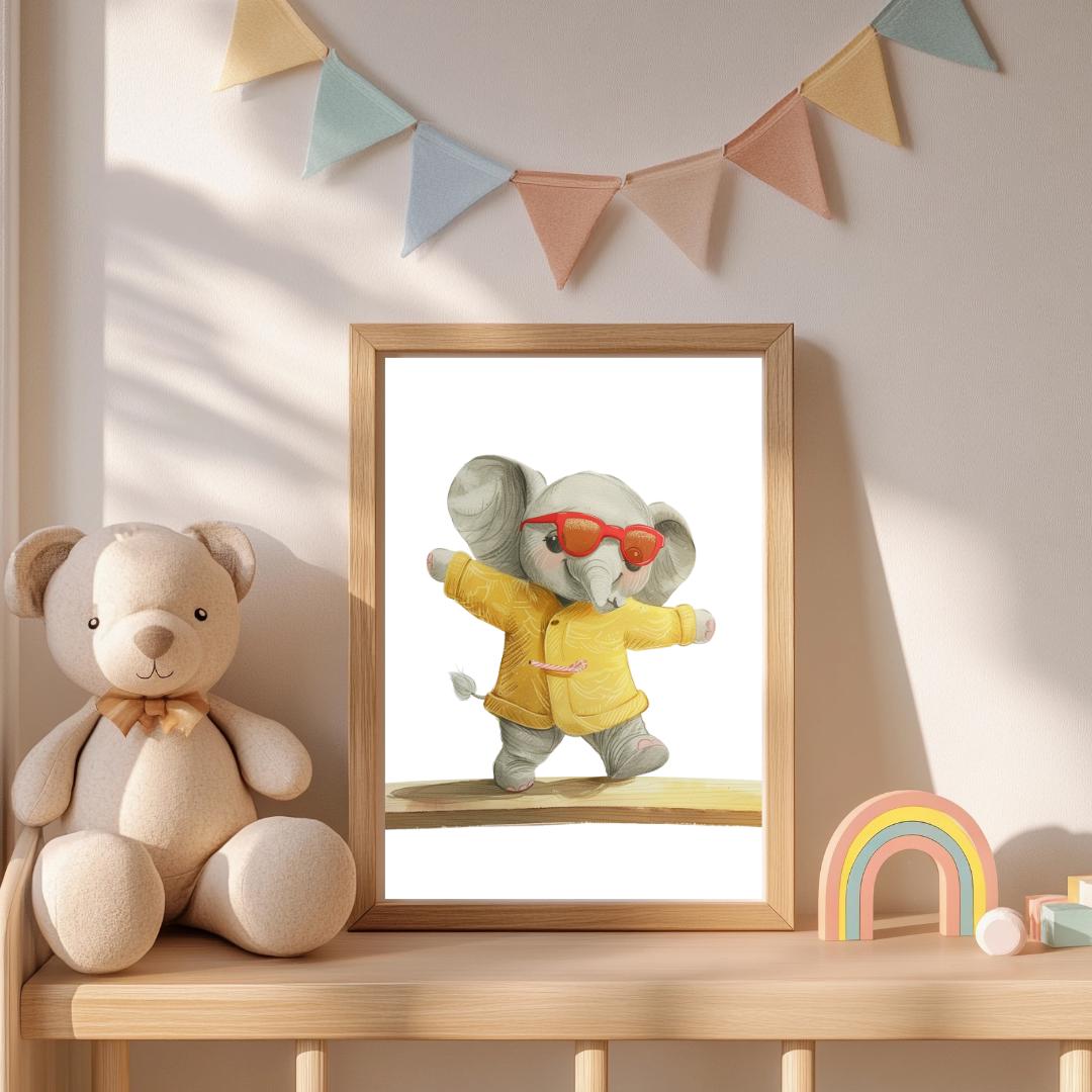 Retro Elephant Balance Beam Wall Art | Yellow and Red | Kids Room | Playful Fun Cool Animal | Children’s Decor