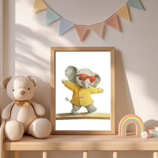 Retro Elephant Balance Beam Wall Art | Yellow and Red | Kids Room | Playful Fun Cool Animal | Children’s Decor
