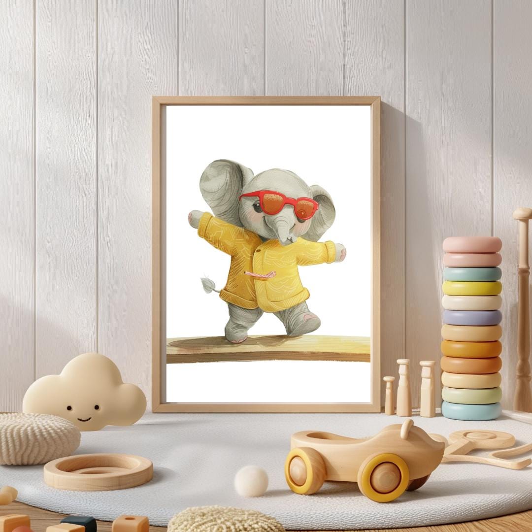 Retro Elephant Balance Beam Wall Art | Yellow and Red | Kids Room | Playful Fun Cool Animal | Children’s Decor