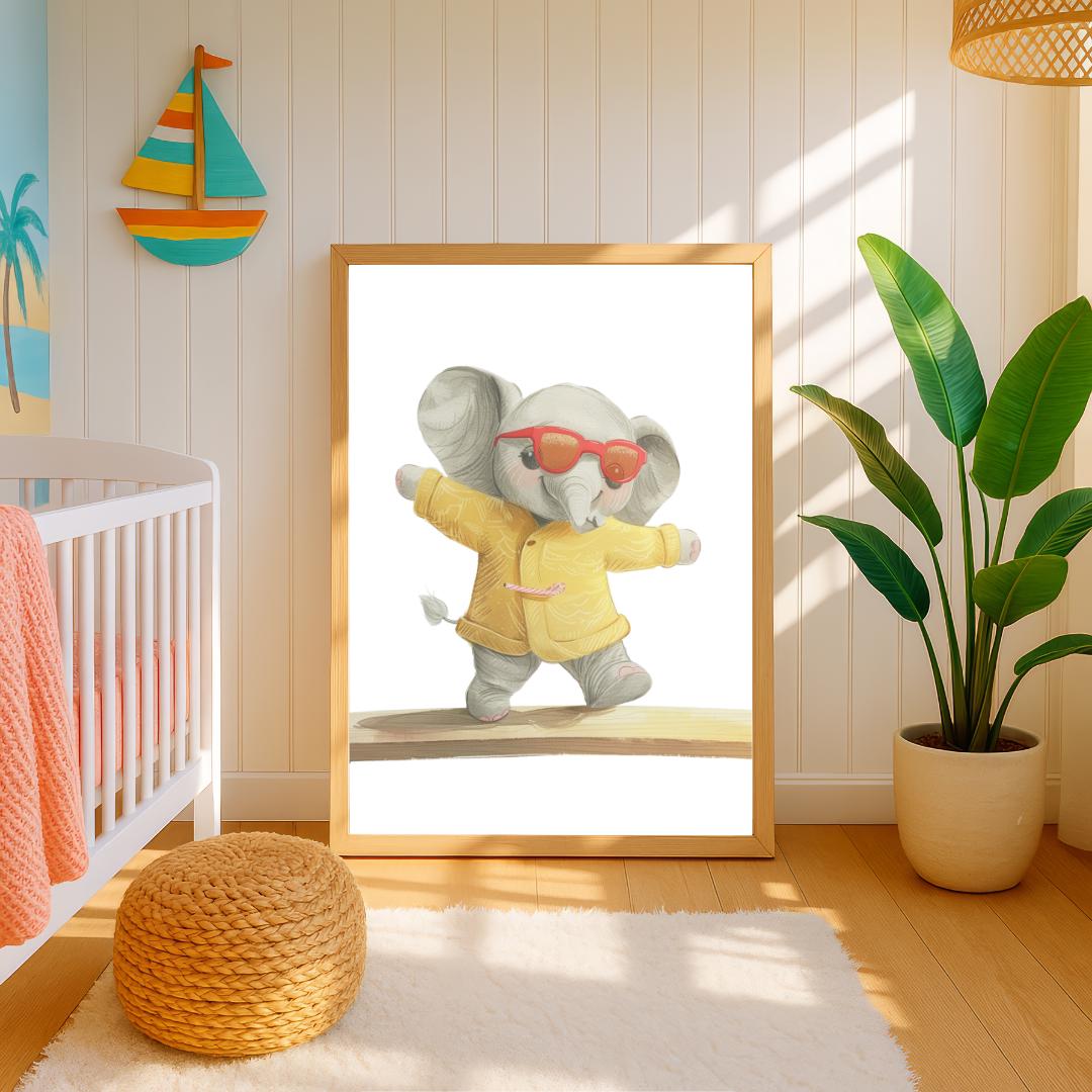 Retro Elephant Balance Beam Wall Art | Yellow and Red | Kids Room | Playful Fun Cool Animal | Children’s Decor