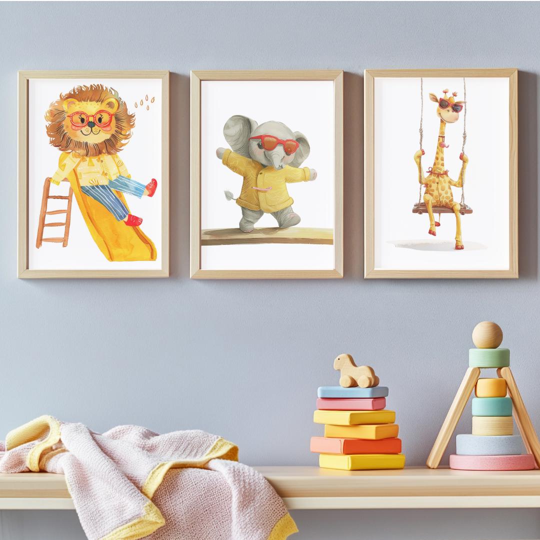 Retro playground Animals Wall Art | Yellow and Red | Kids Room | Playful Fun Cool Animal | Children’s Decor