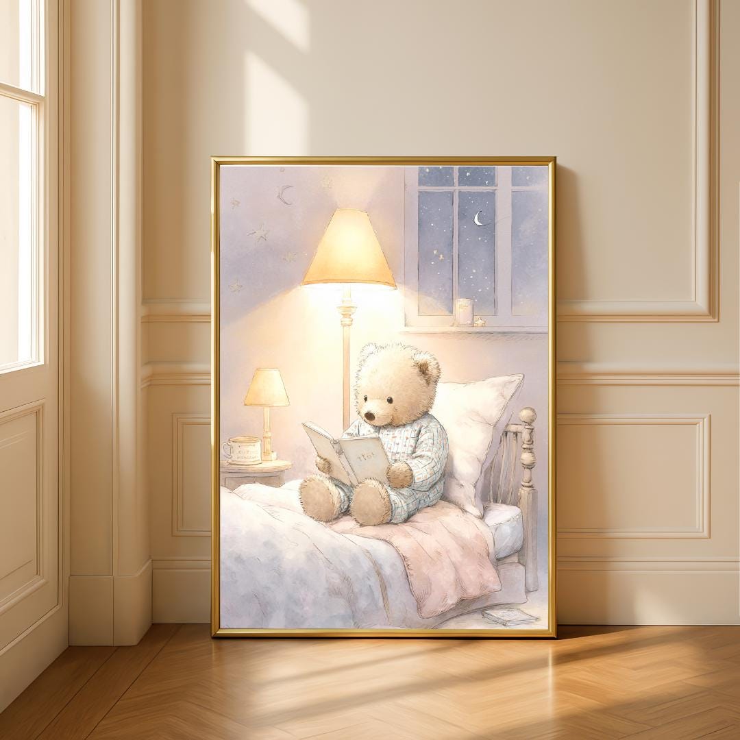 Teddy Bear Bedtime story Print | Whimsical Nursery Wall Art | Gender Neutral