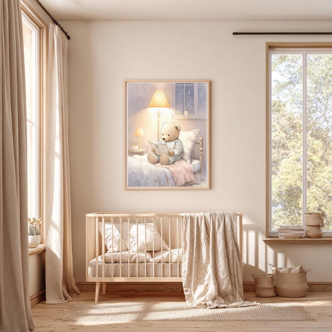 Teddy Bear Bedtime story Print | Whimsical Nursery Wall Art | Gender Neutral