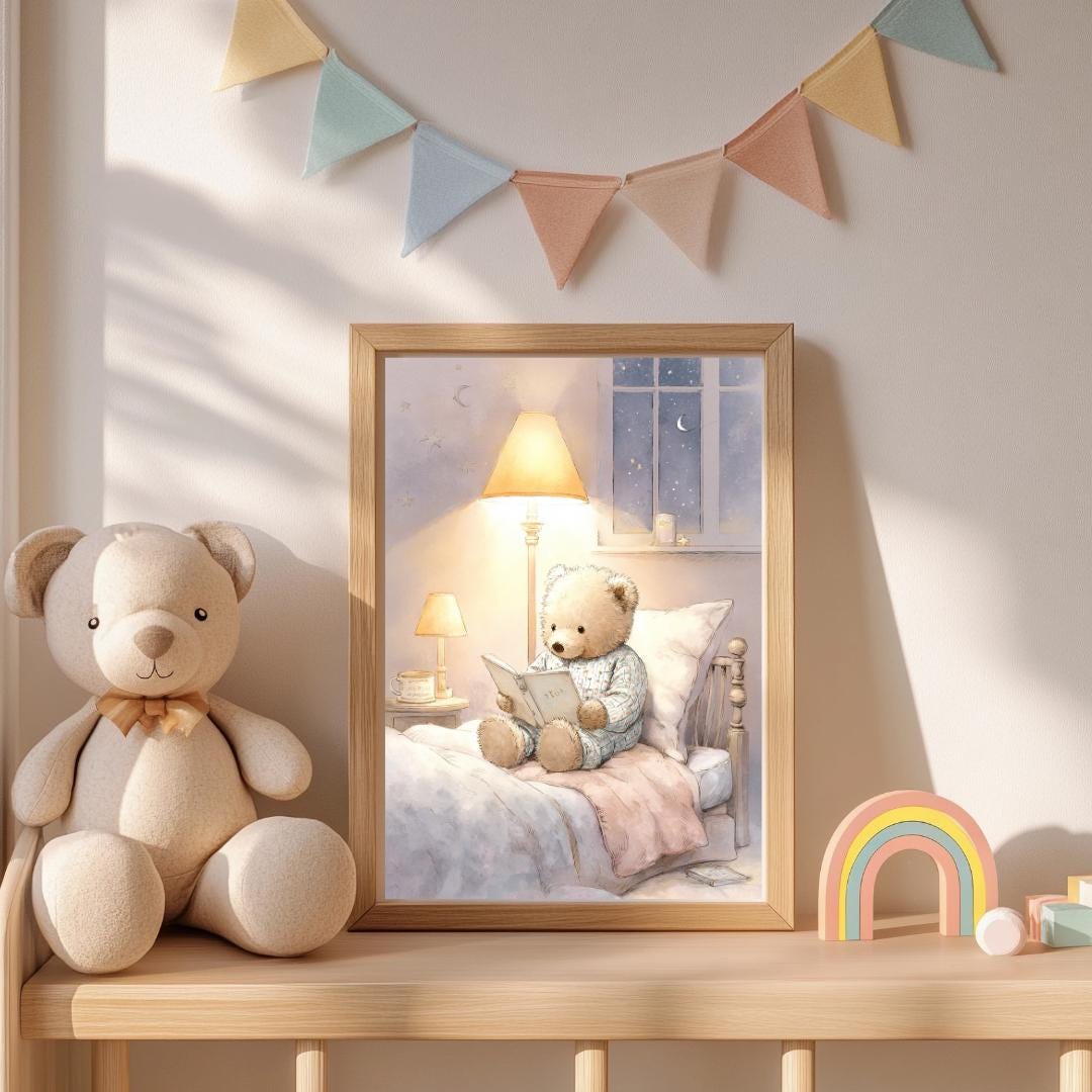 Teddy Bear Bedtime story Print | Whimsical Nursery Wall Art | Gender Neutral
