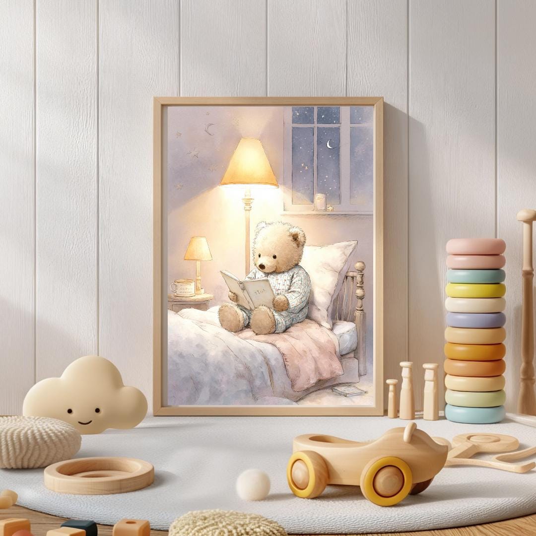 Teddy Bear Bedtime story Print | Whimsical Nursery Wall Art | Gender Neutral