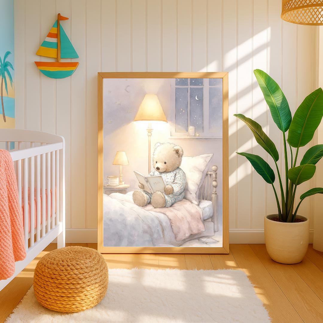 Teddy Bear Bedtime story Print | Whimsical Nursery Wall Art | Gender Neutral