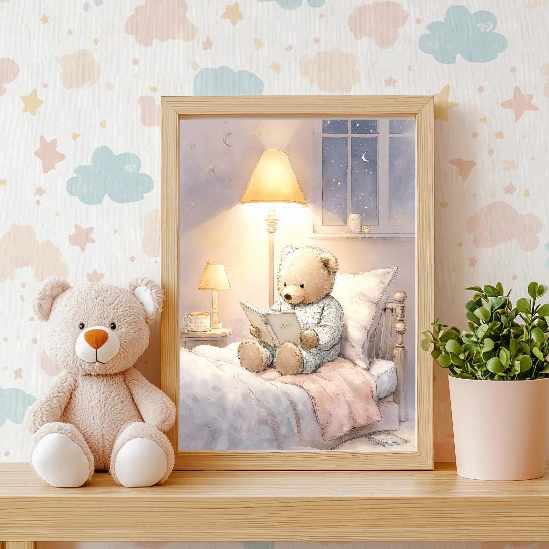 Teddy Bear Bedtime story Print | Whimsical Nursery Wall Art | Gender Neutral