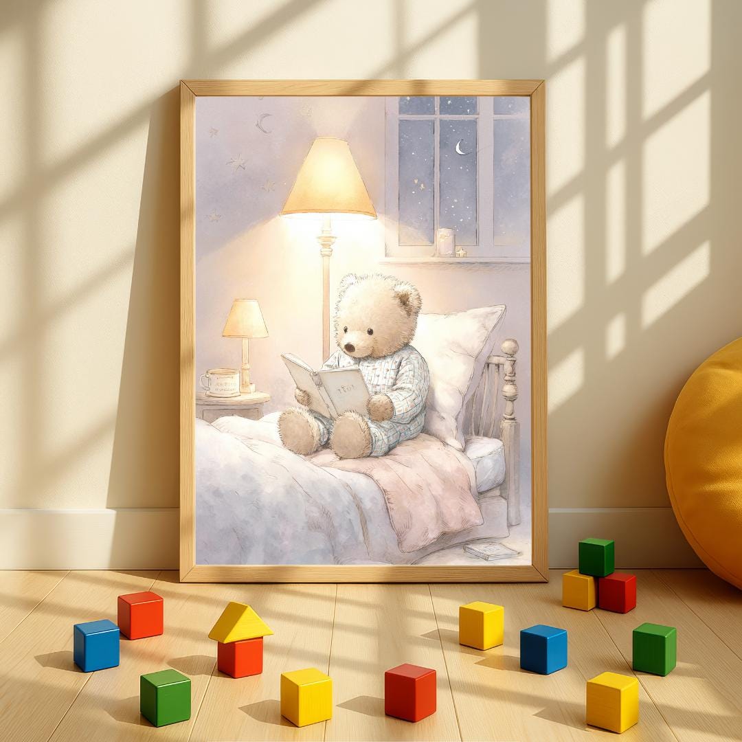 Teddy Bear Bedtime story Print | Whimsical Nursery Wall Art | Gender Neutral
