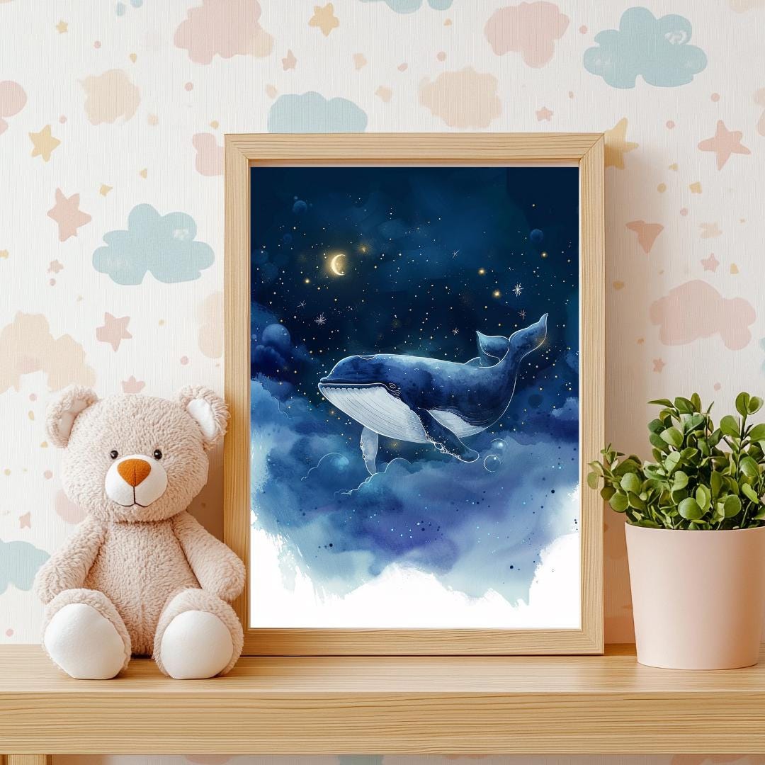 Whale in night sky print | Whimsical Illustration | Cute Kids Music Print | Playful Baby Room Poster | Animal Nursery Decor |