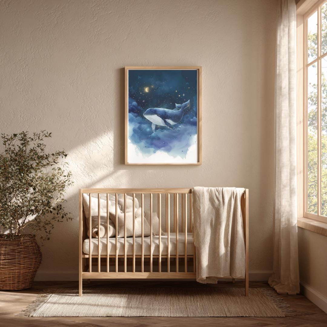Whale in night sky print | Whimsical Illustration | Cute Kids Music Print | Playful Baby Room Poster | Animal Nursery Decor |