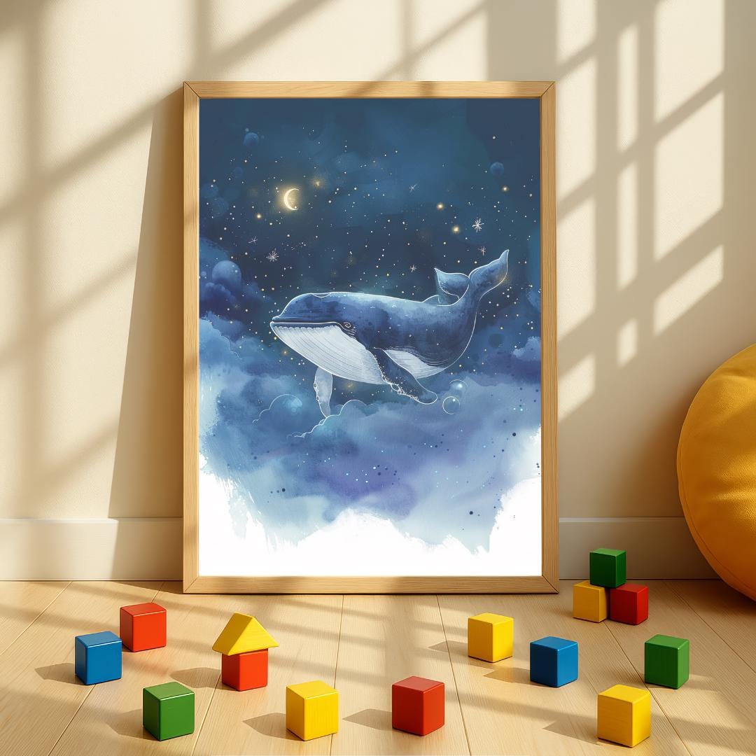 Whale in night sky print | Whimsical Illustration | Cute Kids Music Print | Playful Baby Room Poster | Animal Nursery Decor |