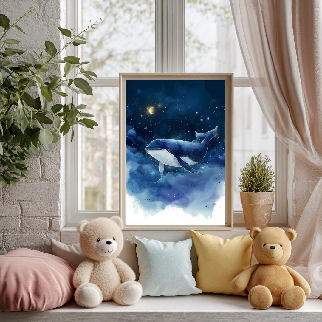 Whale in night sky print | Whimsical Illustration | Cute Kids Music Print | Playful Baby Room Poster | Animal Nursery Decor |