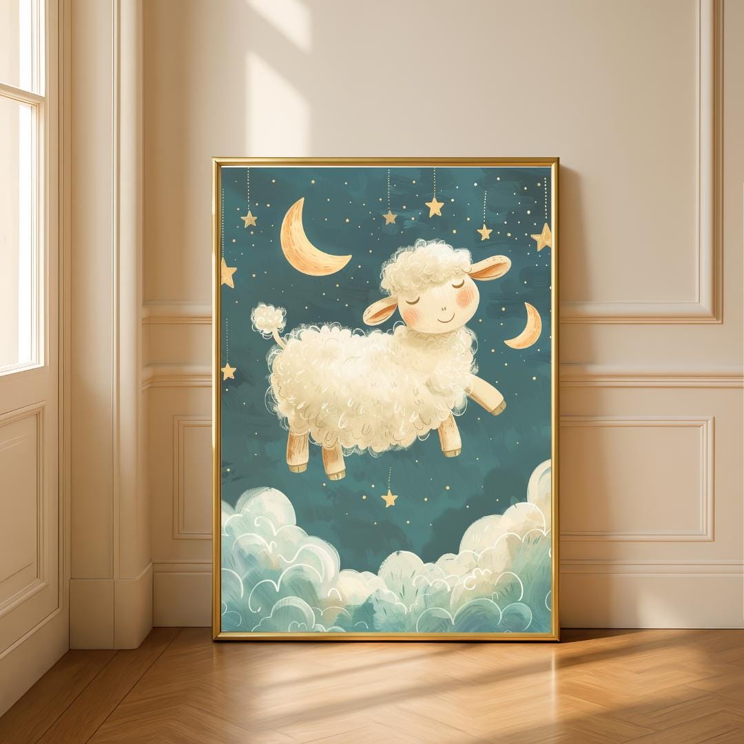 Sheep jumping over clouds print | Whimsical Illustration | Cute Kids Music Print | Playful Baby Room Poster | Animal Nursery Decor |