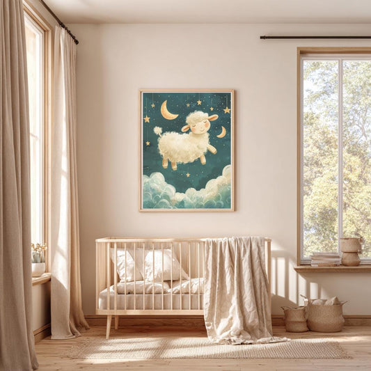 Sheep jumping over clouds print | Whimsical Illustration | Cute Kids Music Print | Playful Baby Room Poster | Animal Nursery Decor |
