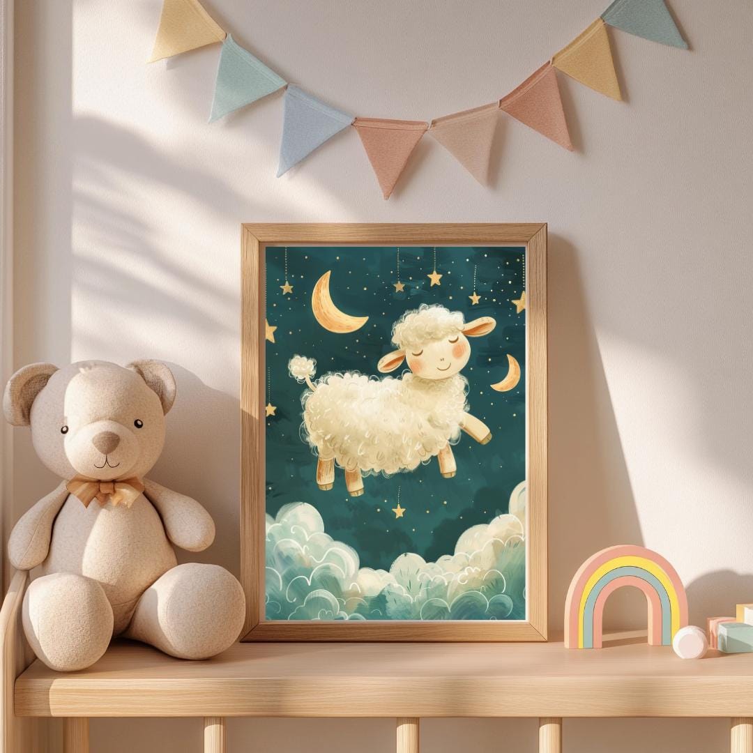 Sheep jumping over clouds print | Whimsical Illustration | Cute Kids Music Print | Playful Baby Room Poster | Animal Nursery Decor |